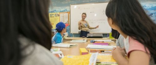 Teacher at front of class gesturing to whiteboard as kids look on
